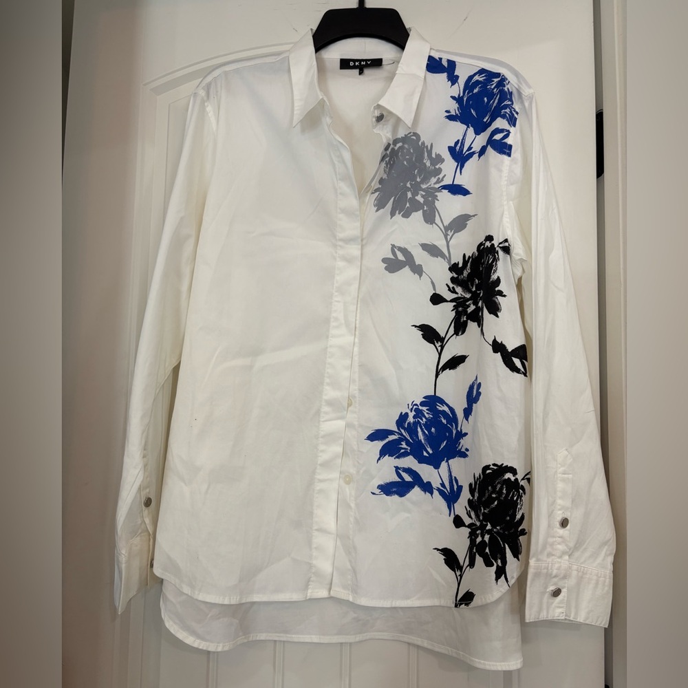 DKNY White Shirt with Blue and Black Floral Pattern